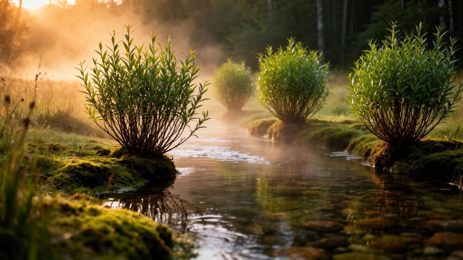 Saulaie vivante au bord d'un cours d'eau au lever du jour
