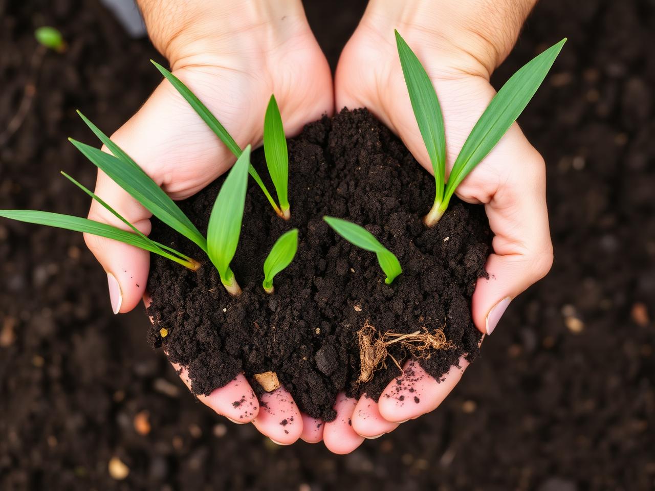 Sol vivant tenu dans des mains avec jeunes pousses