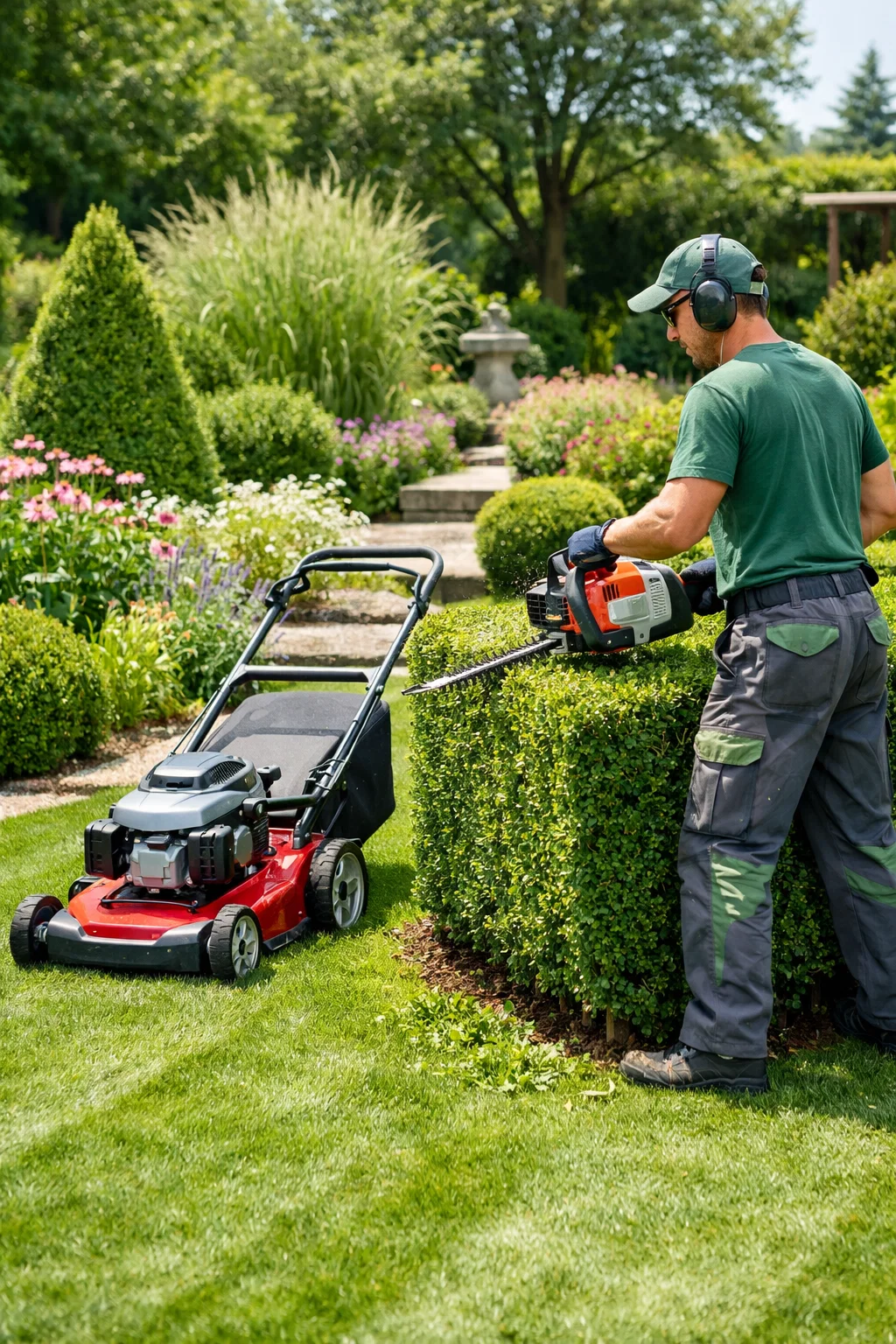 Jardinier taillant une haie avec une tondeuse à proximité